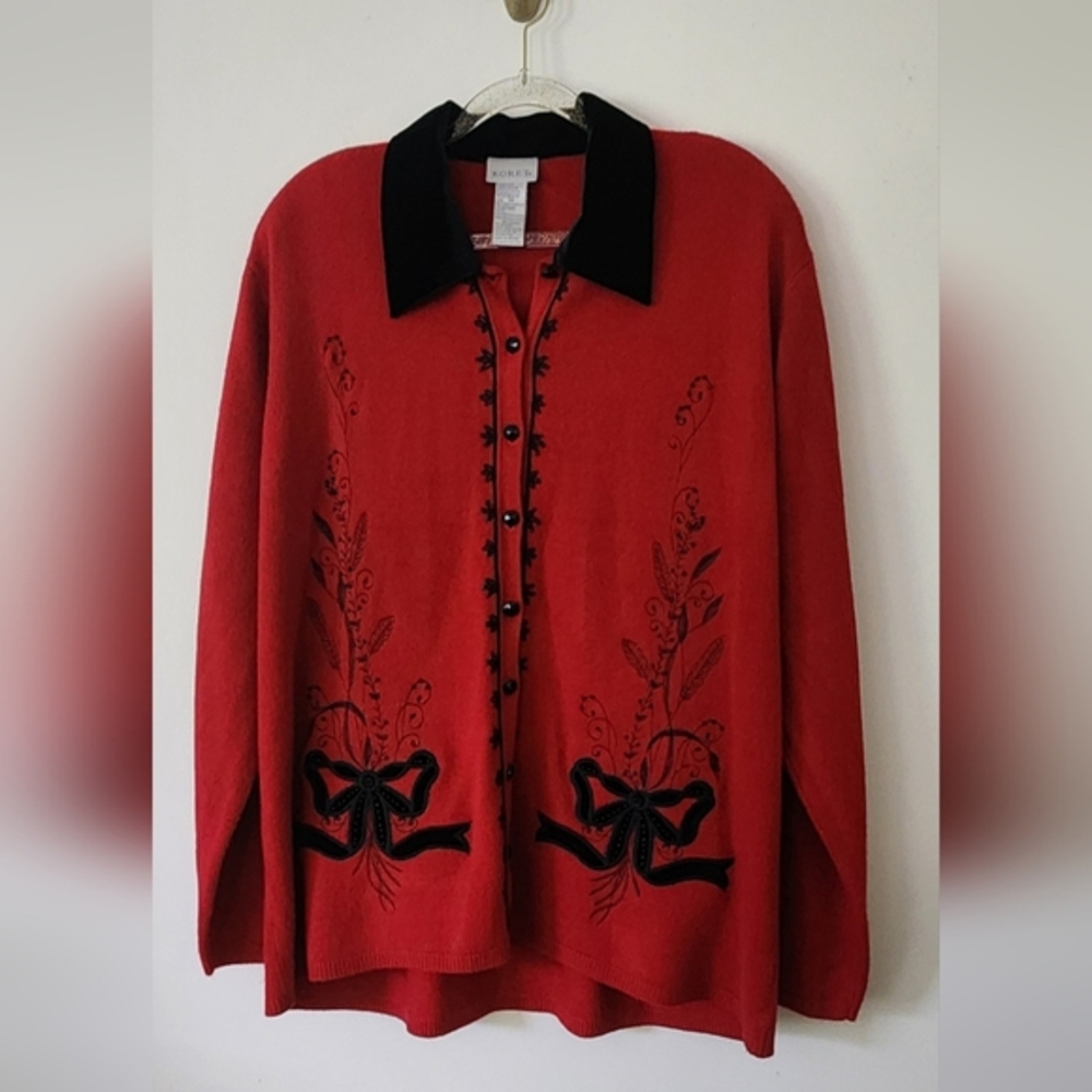 Festive Cardigan Sweater Black Velvet Collar & Bow Accents Coquette Botanical 1X